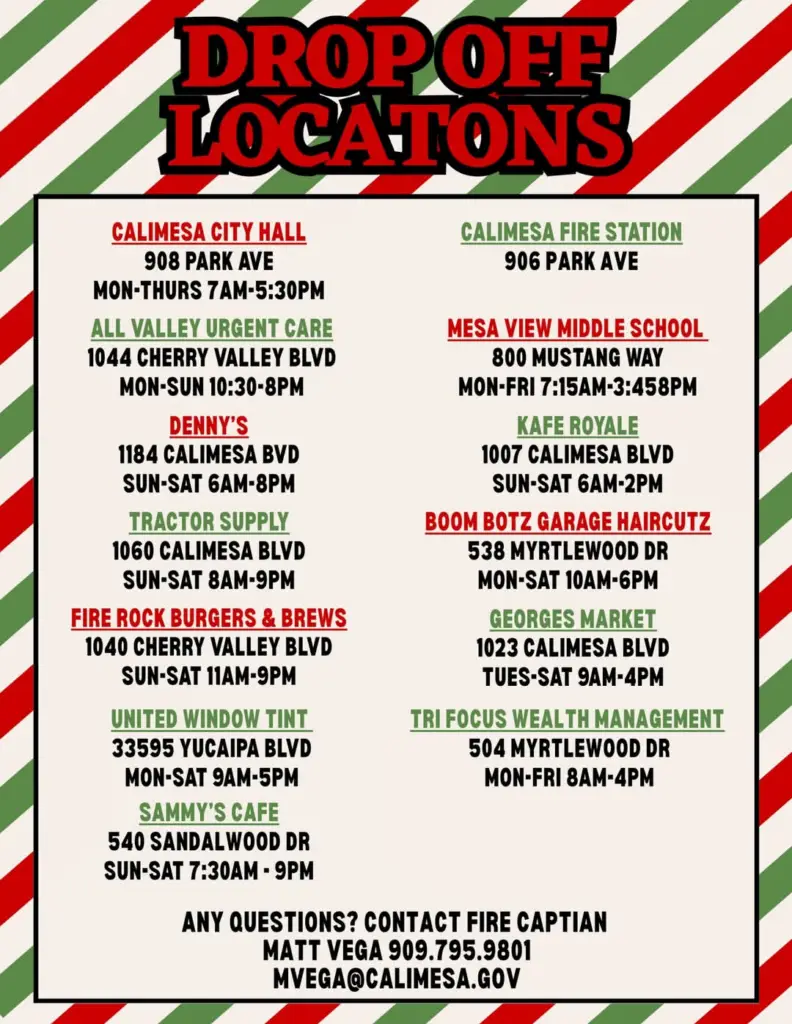 A detailed list of businesses in Calimesa accepting toys for the toy drive, including their addresses and hours of operation - from CFFA events page