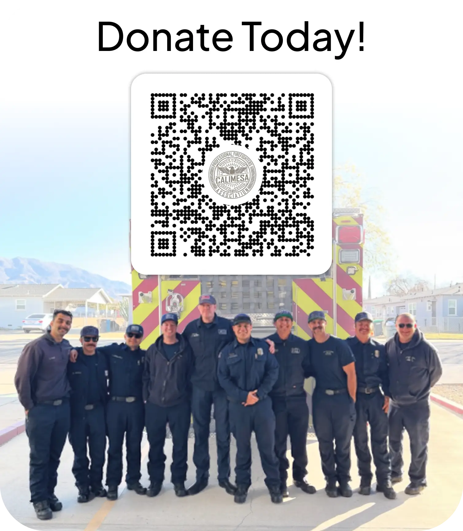 A donation popup with the QR code to donate to the Calimesa Firefighter Association with the Calimesa firefighting crew pictures below