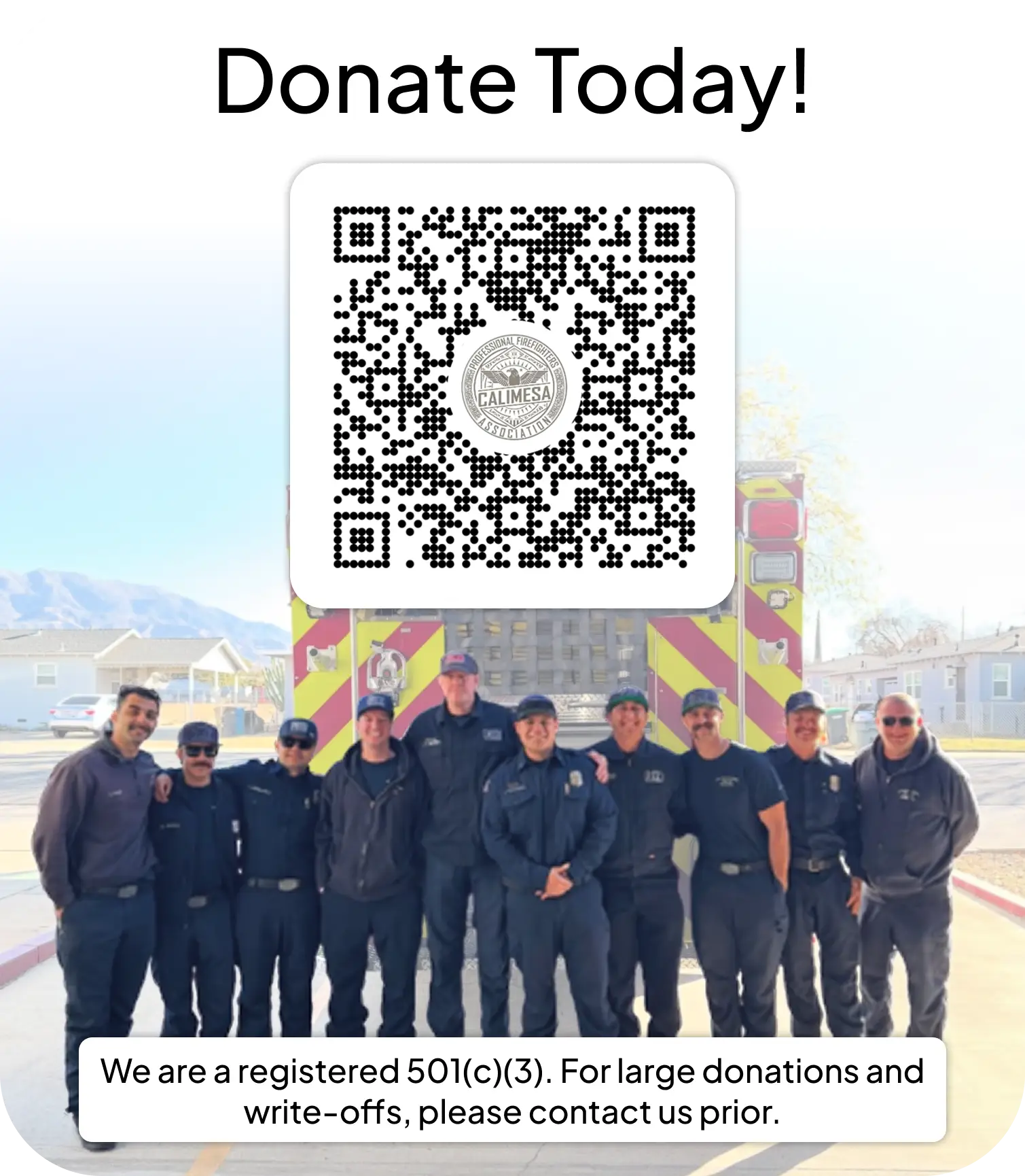 A donation popup with the QR code to donate to the Calimesa Firefighter Association with the Calimesa firefighting crew pictures below. Also details that the CFA is a 501(c)(3) and to contact them prior to large donations or for write-off information.