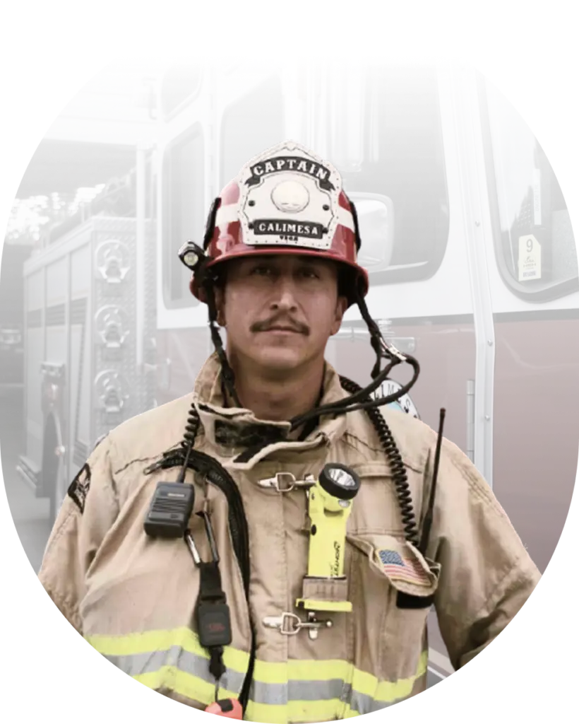 Firefighter in turnouts - Firefighter depicted in Calimesa Firefighter Association president Captain Matt Vega