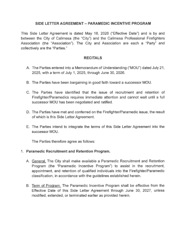 Image depicting the front page of the CPFA's Paramedic Hiring Incentive Program.